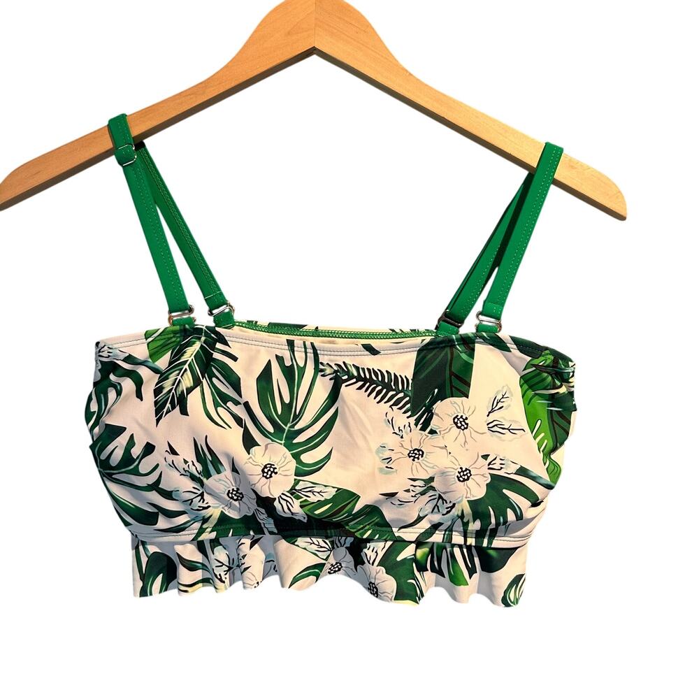 Liora Size Small Bikini Top White Green Palm Leaf Flowers Adjustable Straps Pool
